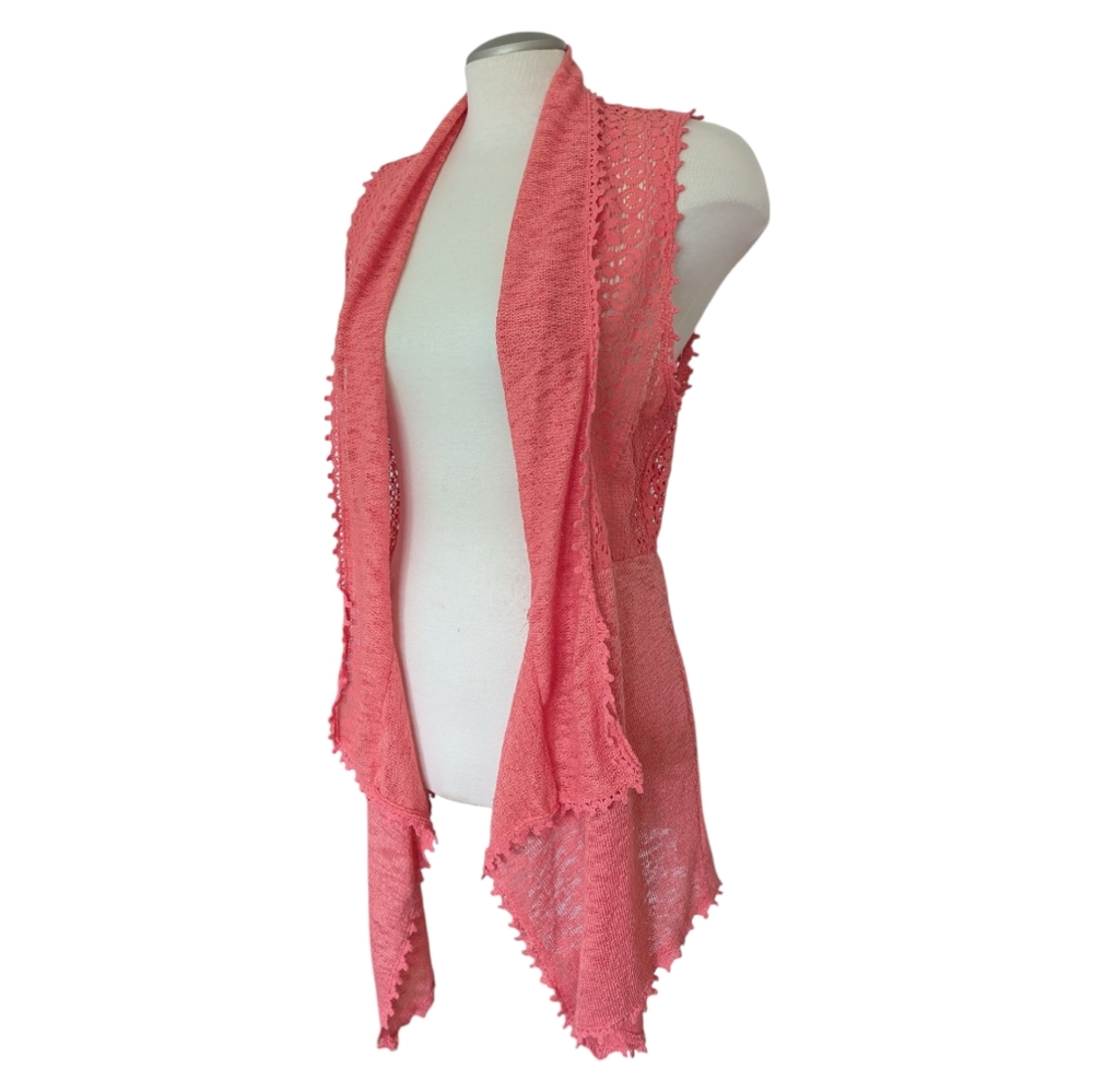 Crochet Sleeveless Vest Cardigan Sweater Coral Pink One Size Lagenlook
